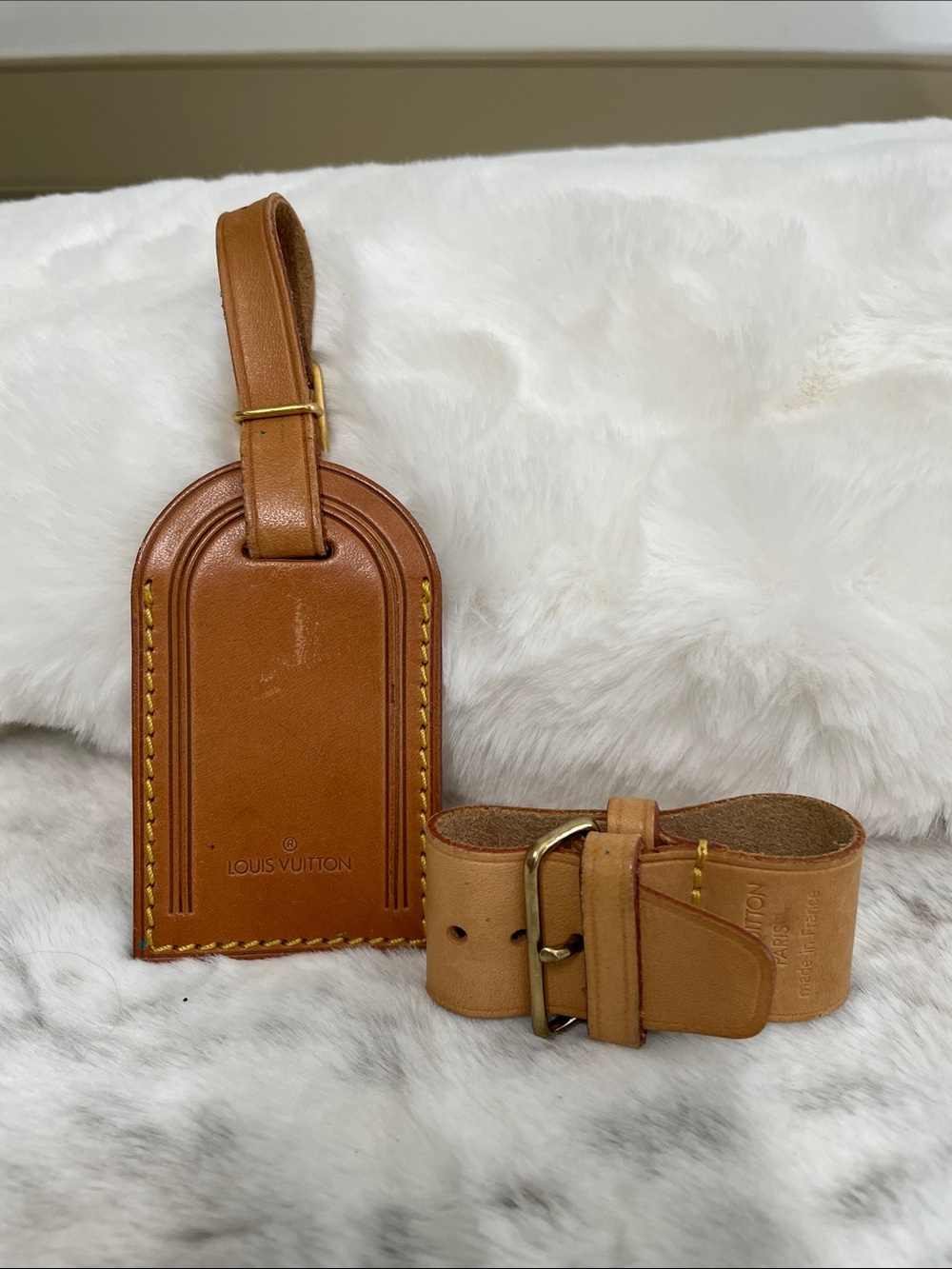 Louis Vuitton Tan Leather Luggage Tag and Belt Set